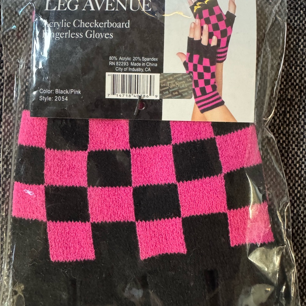 Leg Avenue Black and Pink Checkerboard Fingerless Gloves